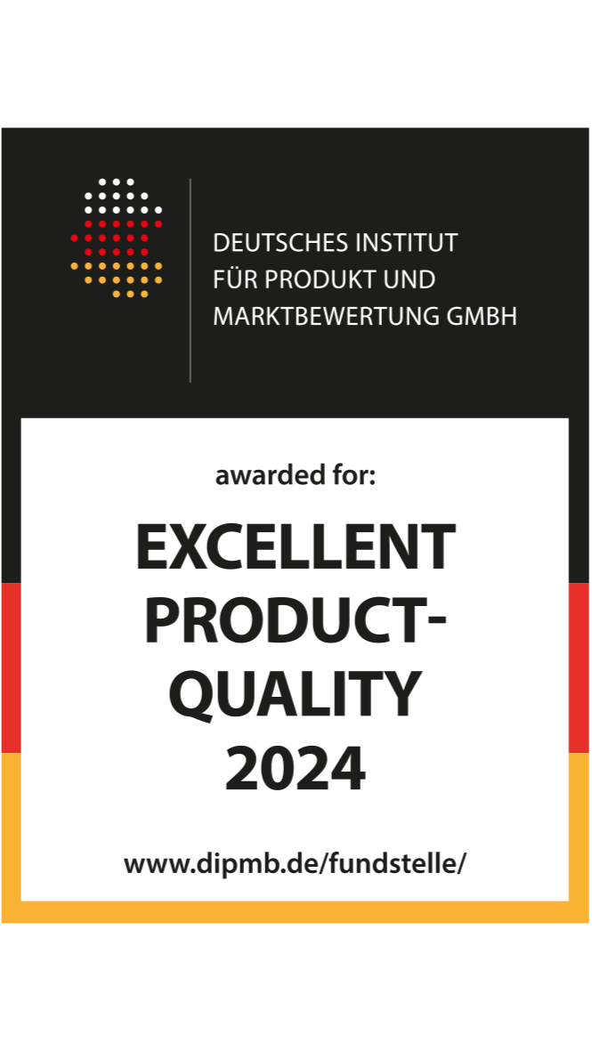 Award for excellent product quality 2024 from Deutsches Institut für Produkt und Marktbewertung GmbH on a white background.